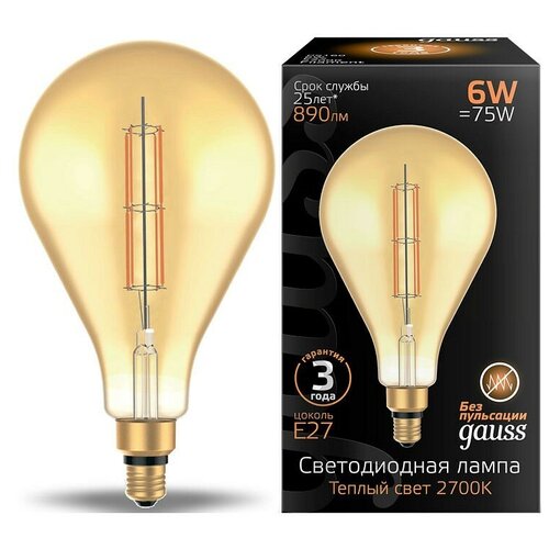 Gauss  LED Vintage Filament Straight PS160 6W E27 160290mm Amber 890lm 2700K 1/6 179802118 1430