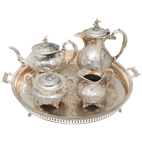 Чайно-кофейный набор из 5 предметов. Металл, глубокое серебрение E.P.B.M, гравировка. John Turton, Sheffield, Великобритания, 1930-е гг. 156065р