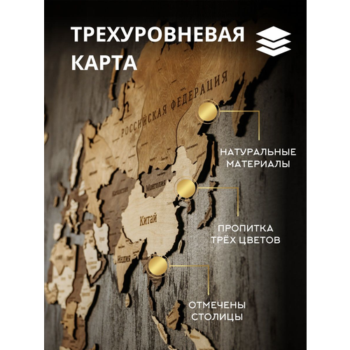 Карта мира настенная географическая из дерева для детей, многоуровневая, из качественной березовой фанеры 7058р