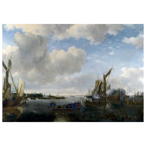       (A River Scene with a Dutch Yacht firing a Salute)   58. x 40. 1930