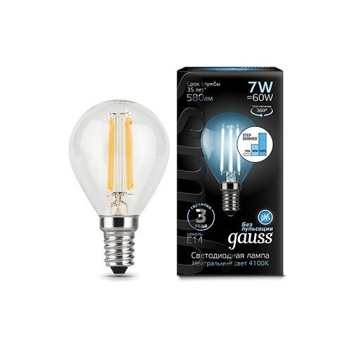 Gauss ����� Filament ��� 7W 580lm 4100� �14 ���. ������������ LED 3 �� (���. 105801207-S) 734�
