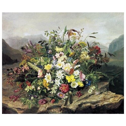           (Bouquet of flowers against a background of mountain scenery)   36. x 30.,  1130   